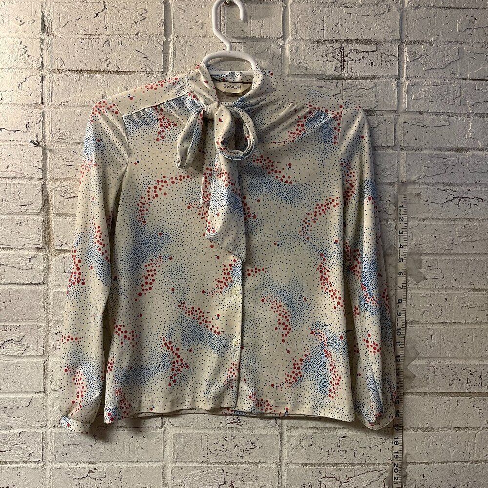 Vintage 1970s Floral Print Secretary Top Medium by Devon Stretch Polyester  Blue